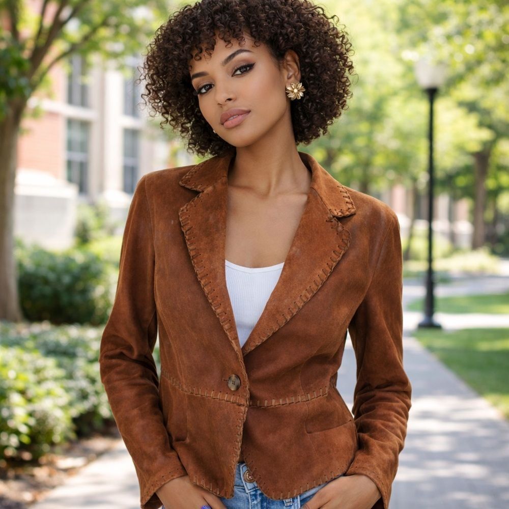 ANDREW MARC Whipstitch trim Rust Leather Blazer one button jacket Cognac Large